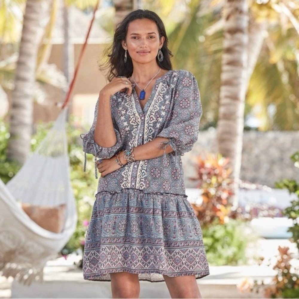 Sundance Zuri‎ Discovery Dress Small Petite blue floral embroidered boho shift